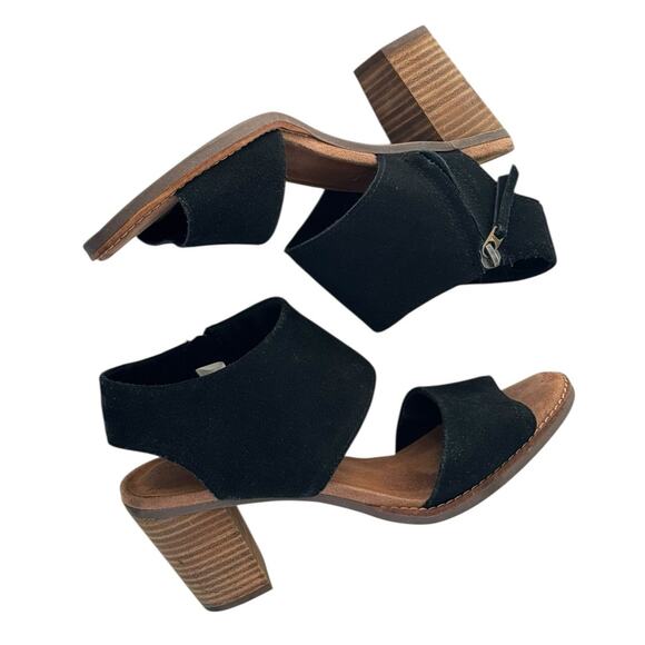 TOMS Majorca Cutout Black Heeled Sandal Suede Block Wood Heel Peeptoe Women’s 8 - Picture 10 of 13